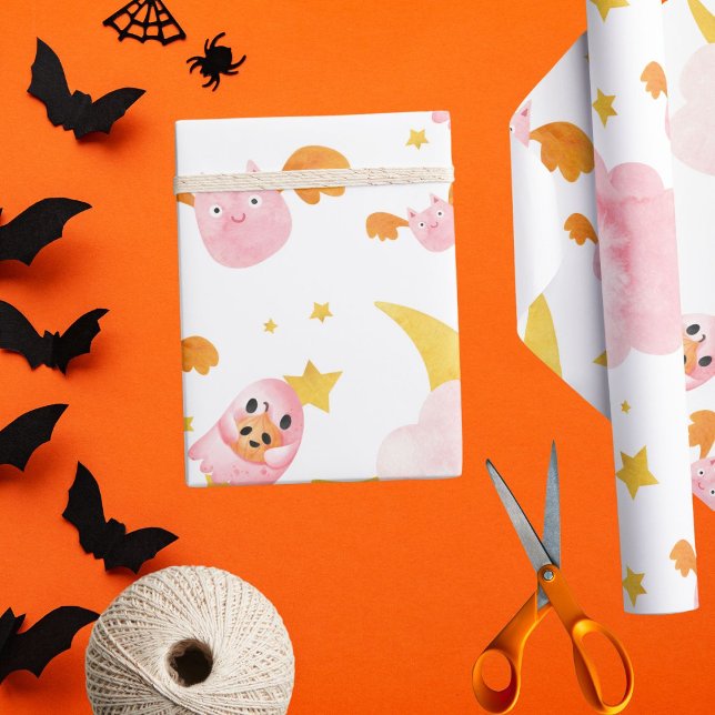 Papel De Regalo Fantasma de calabaza rosa de Halloween y bates lin (Pink ghosts with bat friends for special halloween birthdays)