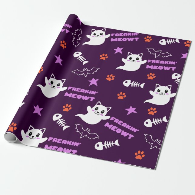 Papel De Regalo Fantasma de gato de Halloween (Desenrollado)