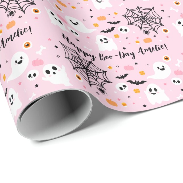 Papel De Regalo Fantasma de Halloween rosa (Esquina del rollo)