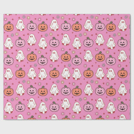 Papel De Regalo Fantasma de Halloween y calabazas rosadas