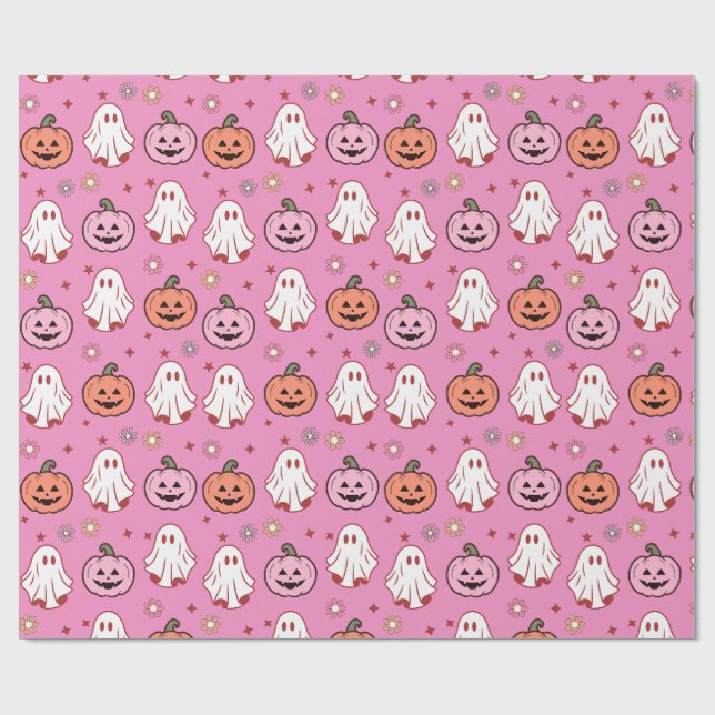 Papel De Regalo Fantasma de Halloween y calabazas rosadas (Superficie plana)
