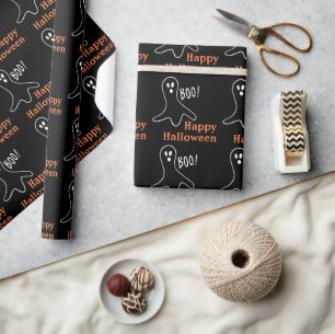 Papel De Regalo Fantasma diciendo boo Feliz Halloween Negro y Nara