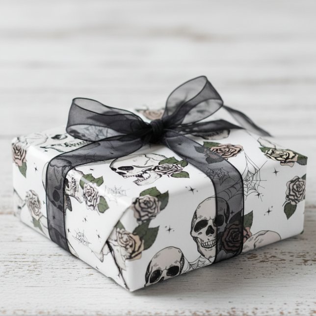 Papel De Regalo Fantasma Floral blanca y negra Halloween (Elegant Gothic Halloween Dia de los Muertos Black Ink Vintage Skulls & Roses Wrapping Paper for Her)