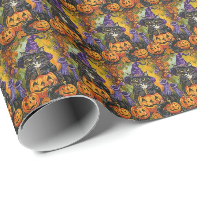 Papel De Regalo Fantasma Gato De Tuxedo Halloween Bruja Y Calabaza (Esquina del rollo)