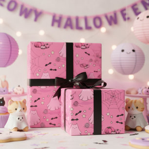 Papel De Regalo Fantasma gatuno rosa y gris en Halloween