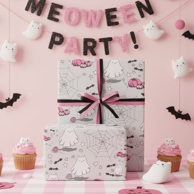 Papel De Regalo Fantasma gatuno rosa y gris en Halloween (Cute Kitten Ghost Halloween Wrapping Paper for Kids. Cat Ghosts, Pink Pumpkins, Bats, Stars & Webs.)
