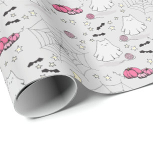 Papel De Regalo Fantasma gatuno rosa y gris en Halloween
