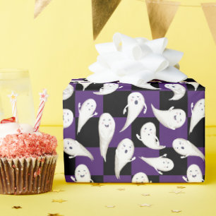 Papel De Regalo Fantasma Halloween en tablero de cheques morado y 