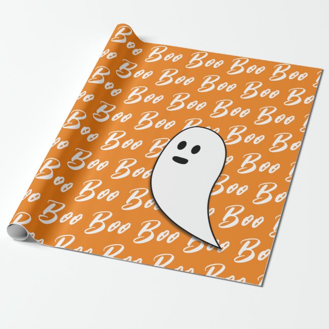 Papel De Regalo Fantasma Halloween naranja blanco negro (Desenrollado)