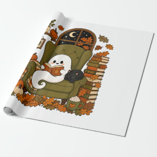 Papel De Regalo Fantasma Lindo Leyendo Libro Gato Negro Otoño Cala