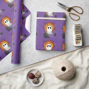 Papel De Regalo Fantasma lunar Naranja de cielo morado en cementer
