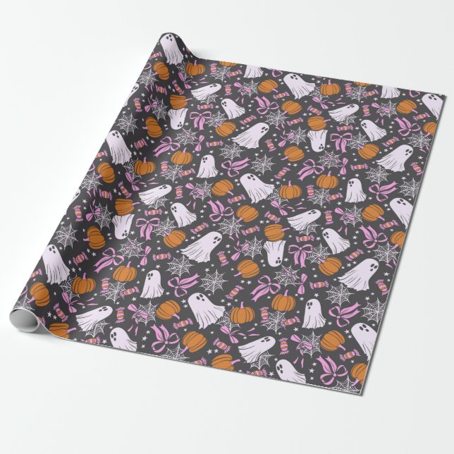 Papel De Regalo Fantasma Moda Fantasmas Coquette Pink Bows Hallowe (Desenrollado)