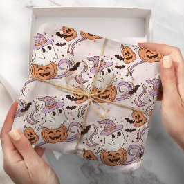 Papel De Regalo Fantasma retro y Halloween rosa de calabaza