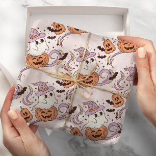 Papel De Regalo Fantasma retro y Halloween rosa de calabaza