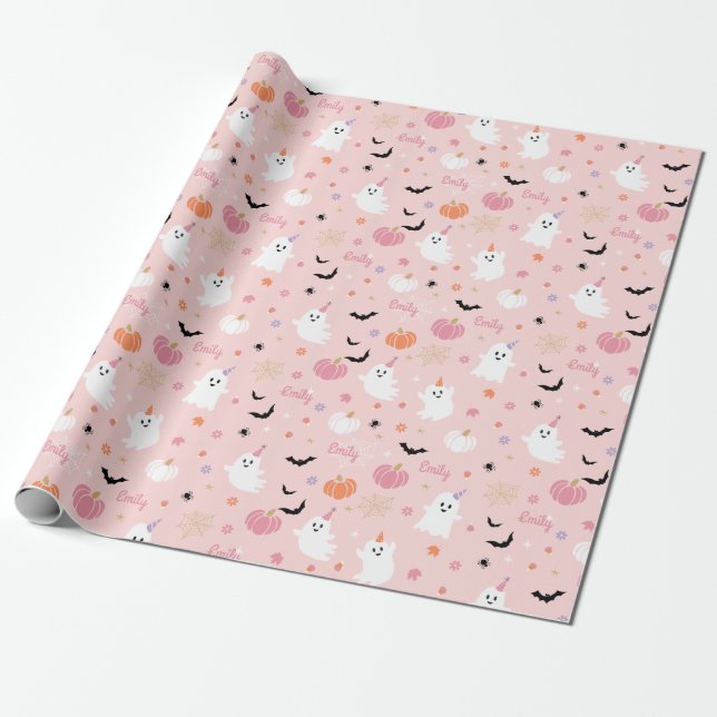 Papel De Regalo Fantasma Rosa De Halloween Con Nombre Personalizad (Desenrollado)