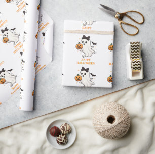 Papel De Regalo Fantasma suave con barba y calabaza   Halloween