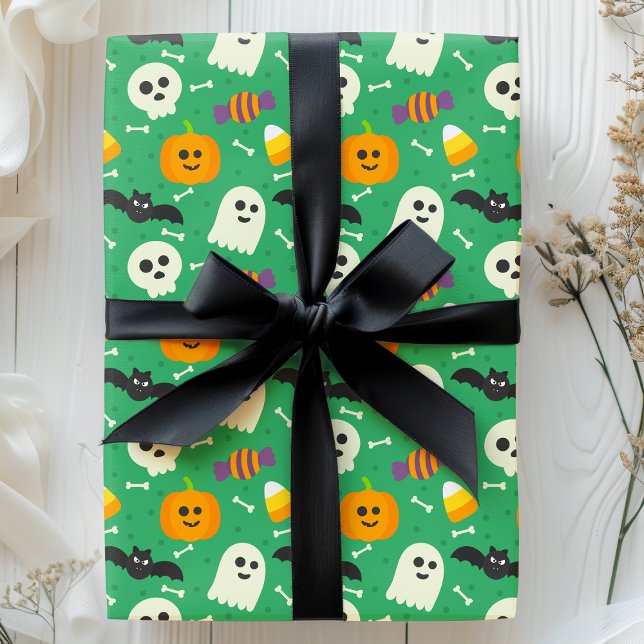 Papel De Regalo Fantasma Verde Espeluznante, Murciélago y Calavera (Subido por el creador)