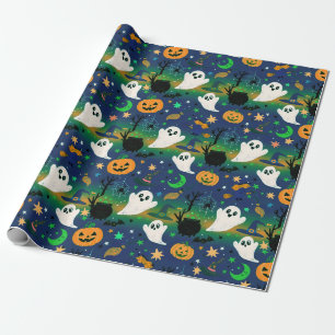 Papel De Regalo Fantasma y Calabazas, Azul con Patrón Verde