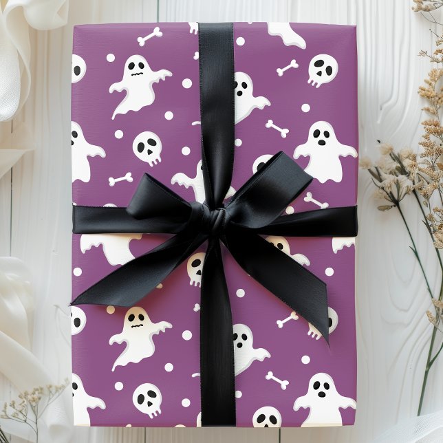 Papel De Regalo Fantasmales Morados y Calaveras de Halloween (Subido por el creador)