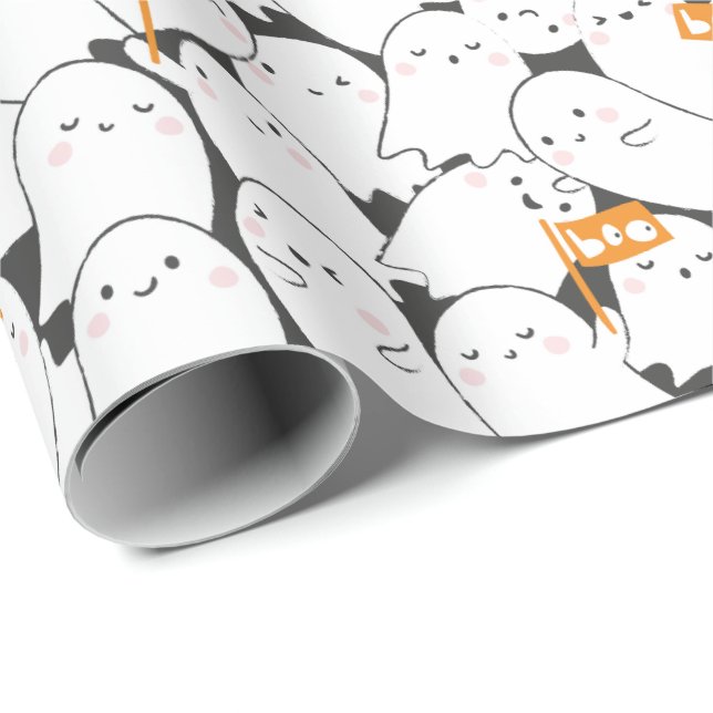 Papel De Regalo Fantasmas adorables con banderas de Boo (Esquina del rollo)