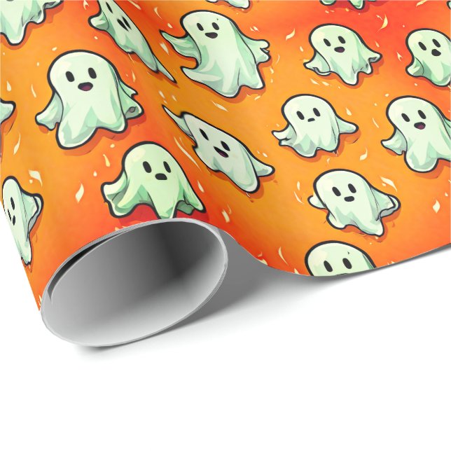 Papel De Regalo Fantasmas al estilo kawaii en Naranja (Esquina del rollo)
