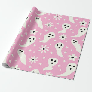 Papel De Regalo Fantasmas Blancos Espeluznantes con Flores Retro s