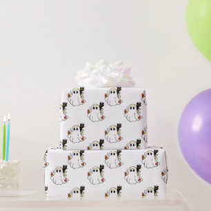 Papel De Regalo Fantasmas Blancos y Gatos Negros Halloween Blanco