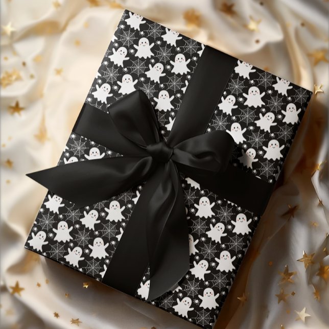 Papel De Regalo Fantasmas de corte | Arañas | Halloween de Spider  (Cute Ghosts, Spiders and Spider Webs Halloween Black and White Patterned Wrapping Paper)