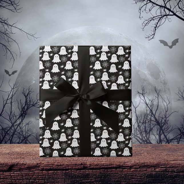 Papel De Regalo Fantasmas de corte | Arañas | Halloween de Spider  (Cute Ghosts, Spiders and Spider Webs Halloween Black and White Patterned Wrapping Paper)
