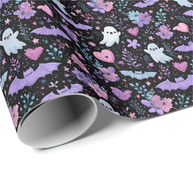 Papel De Regalo Fantasmas de Halloween rosa y morado dulce (Esquina del rollo)