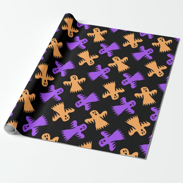 Papel De Regalo Fantasmas del Naranja de Halloween morado negro (Desenrollado)