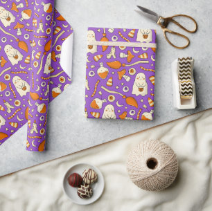 Papel De Regalo Fantasmas lindos Halloween Elegante naranja morado