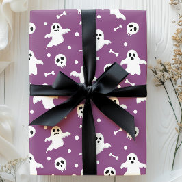 Papel De Regalo Fantasmas púrpuras y cráneos de Halloween