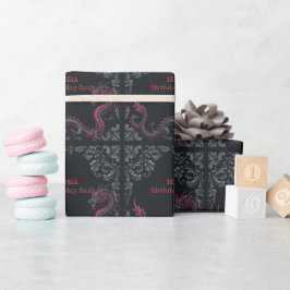 Papel De Regalo Fantástico Cumpleaños 16 Dragón Negro Rojo Damask