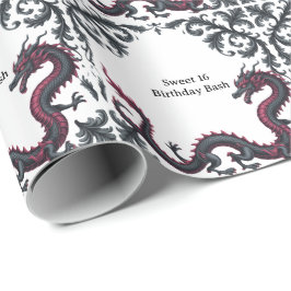 Papel De Regalo Fantástico Cumpleaños 16 Dragón Negro Rojo Damask 