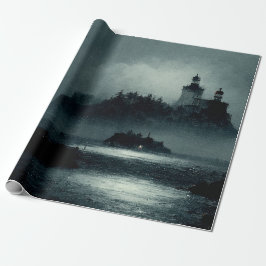 Papel De Regalo Fantasy Island Lighthouse Misty Foggy Oscuro Noche