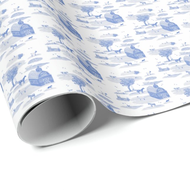Papel De Regalo Farm Animal Toile (Blue)  (Esquina del rollo)