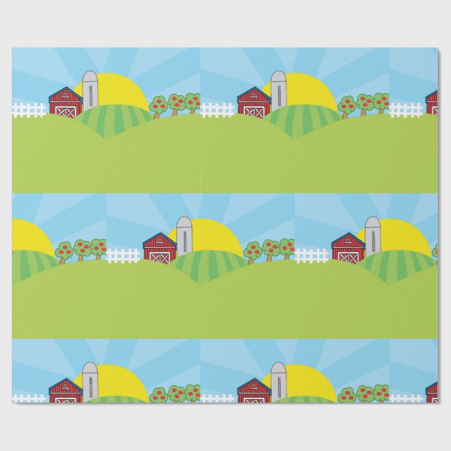 Papel De Regalo Farm Landscape Red Barn Silo Apple Trees (Superficie plana)
