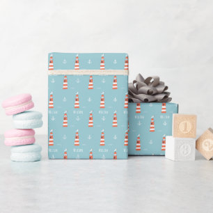 Papel De Regalo Faro infantil y patrón de anclaje en azul
