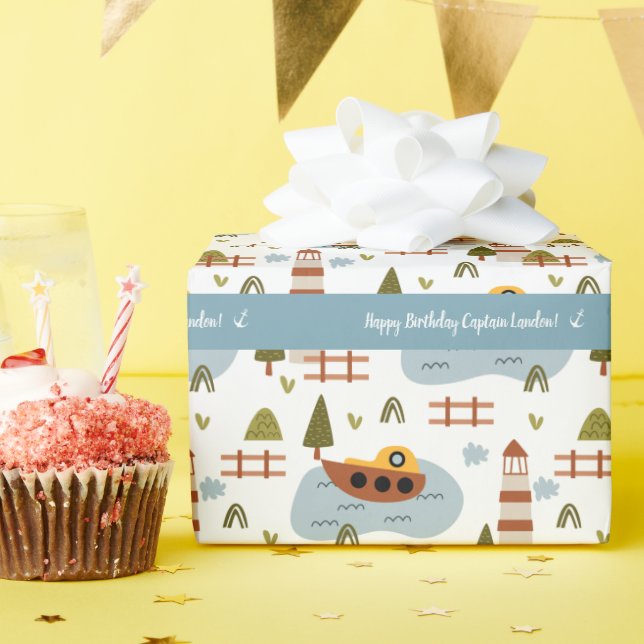 Papel De Regalo Faro Náutico y patrón de niños en barco (Fiesta de cumpleaños )