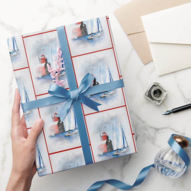 Papel De Regalo Faro rojo de Michigan con velero (Regalar)