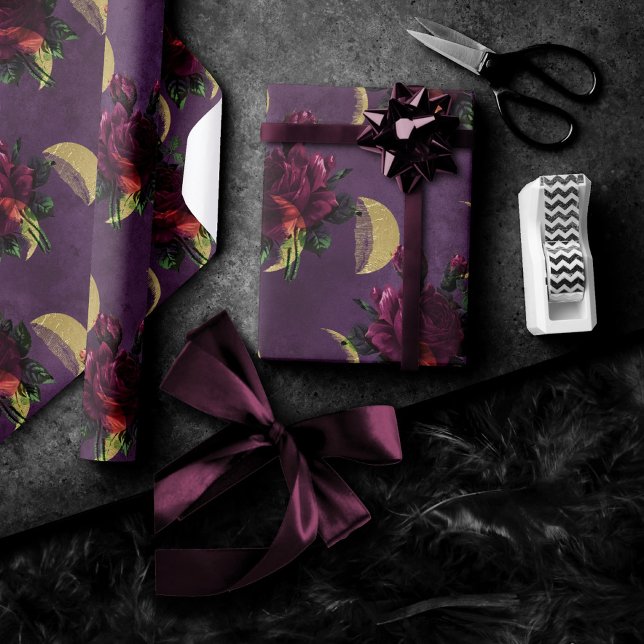 Papel De Regalo Fases lunares y Rosas púrpura | Nueva era espléndi (Subido por el creador)