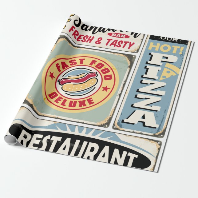 Papel De Regalo Fast food restaurants and diners retro signs colle (Desenrollado)