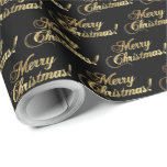 Papel De Regalo Faux Christmas Elegant Faux Relieve metalizado dor<br><div class="desc">Feliz Navidad Elegante Faux Relieve metalizado dorado Script Golden Text Pattern on Black Background Holiday Season Wraping Paper,  puede añadir nombre o texto</div>