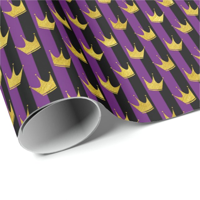Papel De Regalo Faux Gold Crowne Purple Black Stripes Mardi Gras (Esquina del rollo)