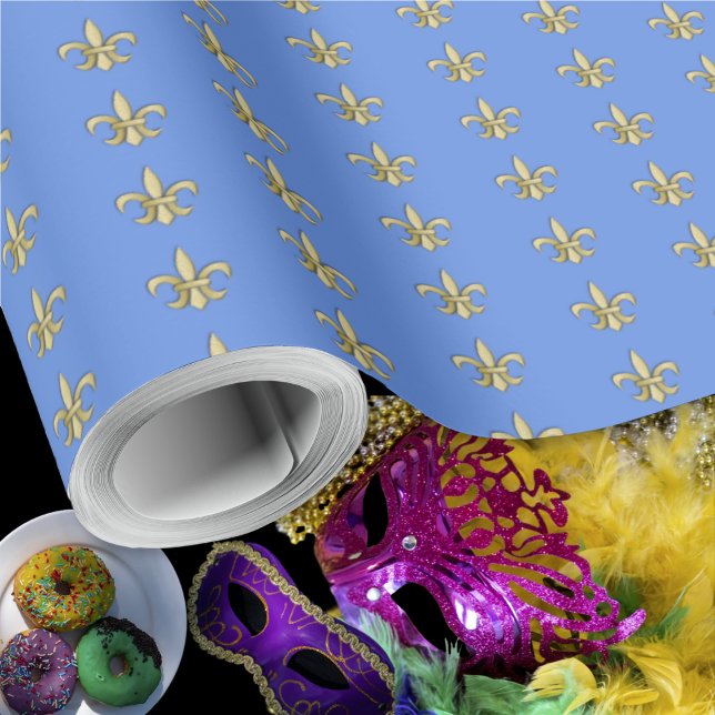 Papel De Regalo Faux Gold FleurDeLis en azul (Faux Gold FleurDeLis on Blue Wrapping Paper Roll by Leapfroglisics Shop)