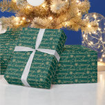 Papel De Regalo Faux Gold Green Merry Christmas Letters<br><div class="desc">Este papel de envoltura está decorado con letras de color dorado a mano de la Feliz Navidad,  estrellas y copos de nieve sobre un fondo acuático verde-verde azulado.</div>