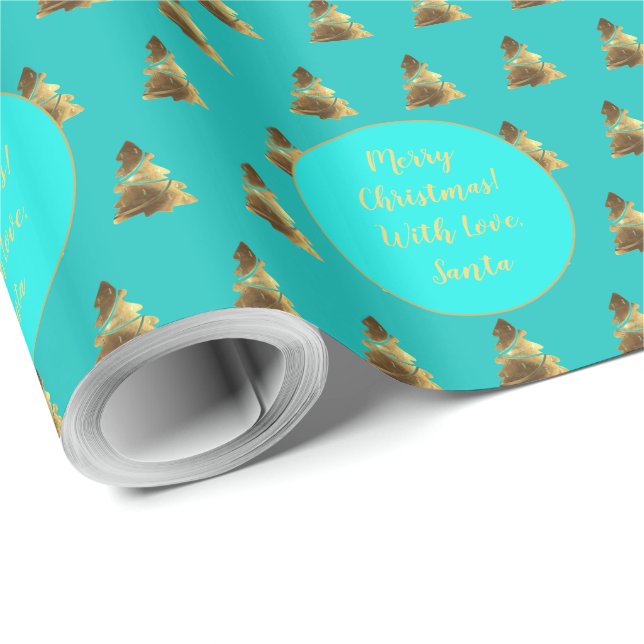 Papel De Regalo Faux Gold Merry Christmas Tree Pattern Turquoise (Esquina del rollo)