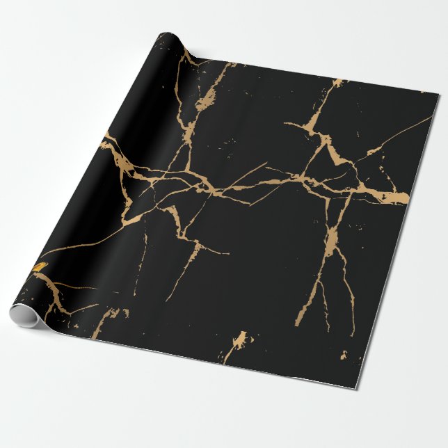Papel De Regalo Faux Marble Black Gold (Desenrollado)