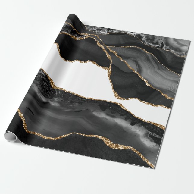 Papel De Regalo Faux Marled Agate Black Stylish Stone Luxury Gold (Desenrollado)